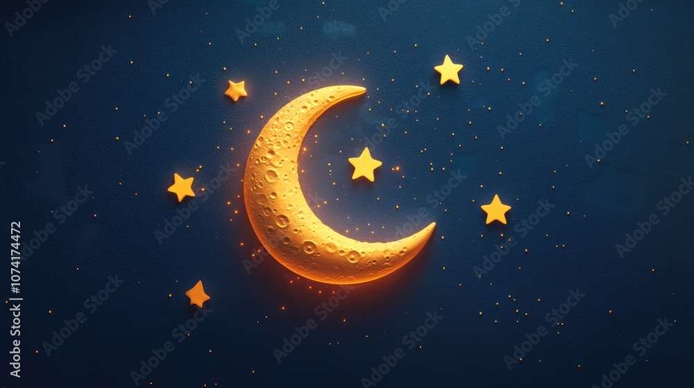 Poster night scene with moon and stars in 3d cartoon rendering featuring a flat color icon realistic illust