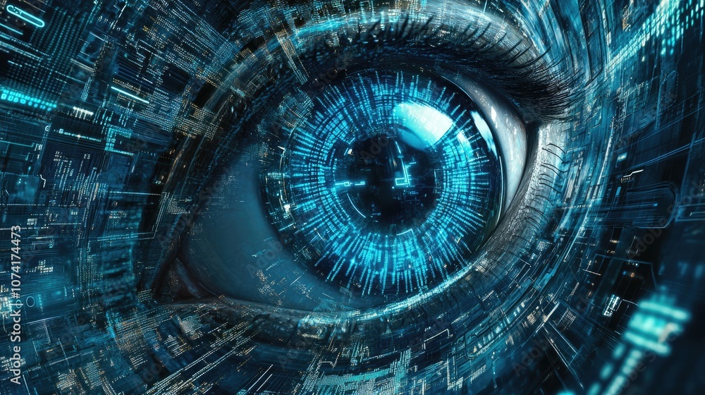 Fototapete Blue eye abstract cyber technology concept background in a 3D cartoon rendering featuring circuits binary code and a sense of motion speed in a sci fi illustration