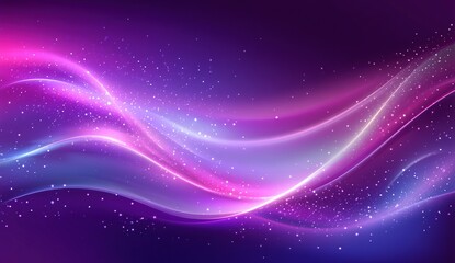 Abstract purple and pink wave background with glowing particles.