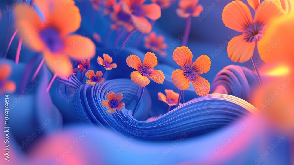 Poster Abstract fractal patterns and shapes in a 3D cartoon rendering Dynamic flowing natural forms featuring flowers and spirals creating a mysterious psychedelic relaxation pattern