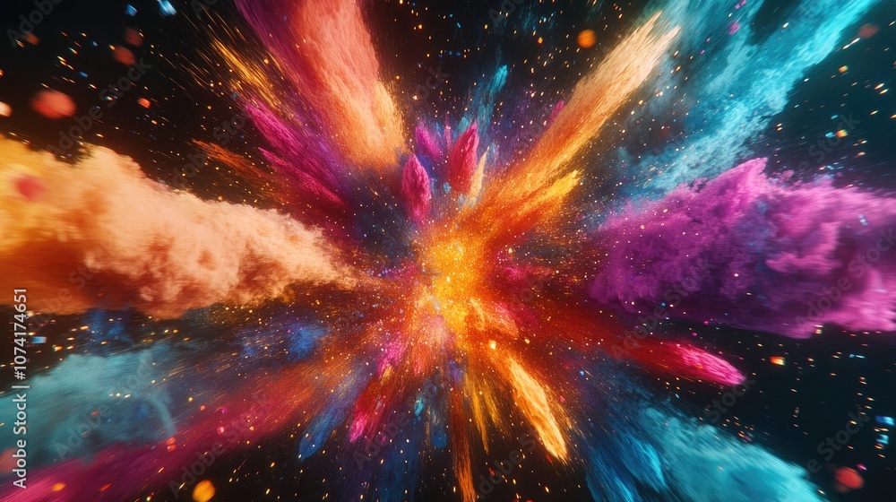 Aufkleber 3D cartoon rendering featuring a paint explosion series composed of vibrant fractal bursts and illuminated elements designed to serve as a backdrop for projects focused on creativity imagination s