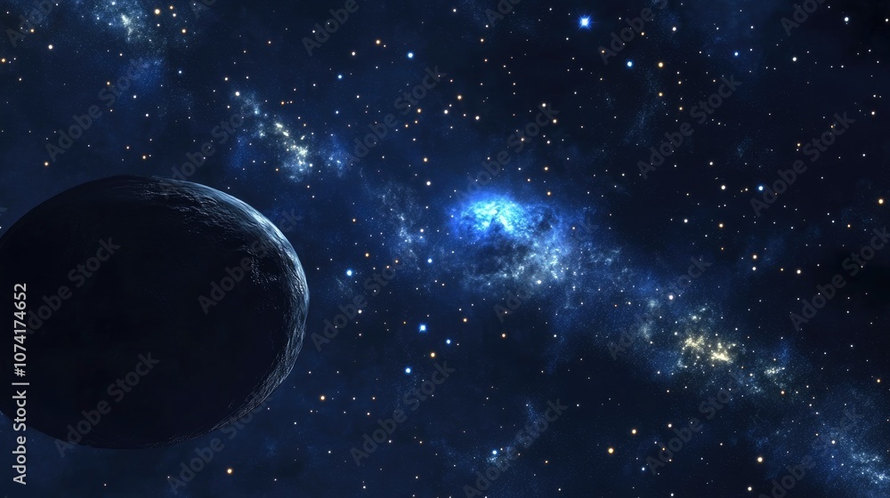 Aufkleber Dark interstellar space in a 3D cartoon rendering A 2D illustration featuring stars in deep space and a blue cold nebula against a dark night sky