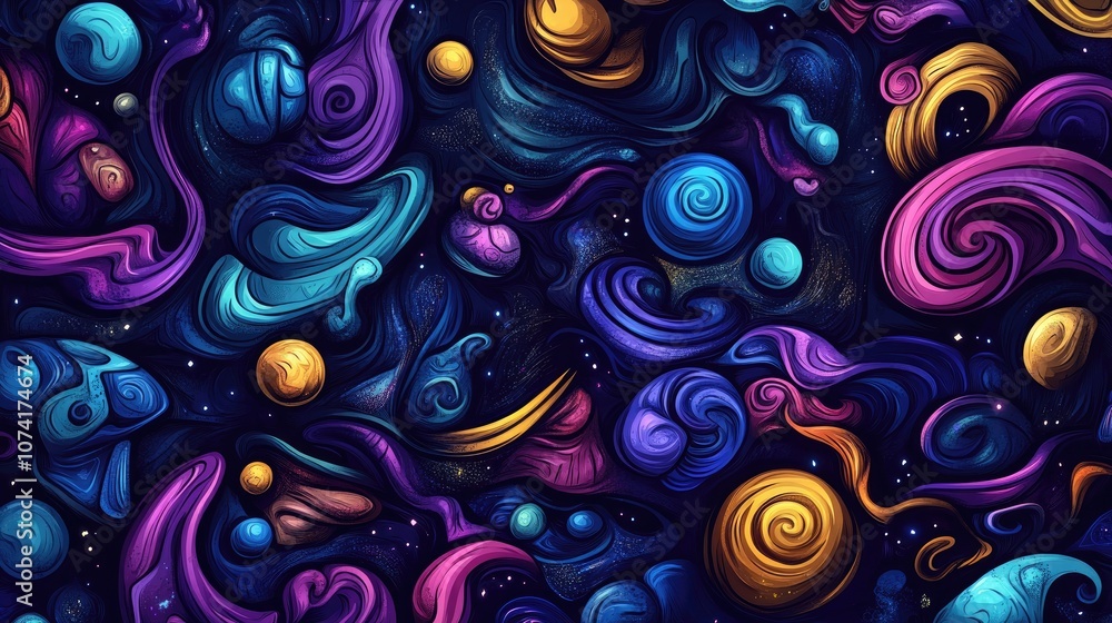 Poster seamless hand drawn space background featuring a repeating pattern of 3d cartoon elements