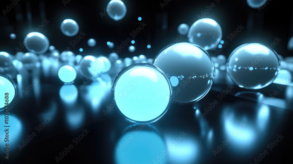 Poster Abstract background featuring glowing earth like balls on a dark backdrop in a 3D cartoon rendering