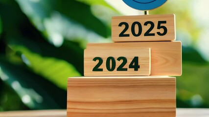 ecofriendly New Year concept featuring dartboardstyle target 2025 numbers stacked wood blocks green 4k leaves background video symbolizing environmental sustainability ecoconscious planning  
