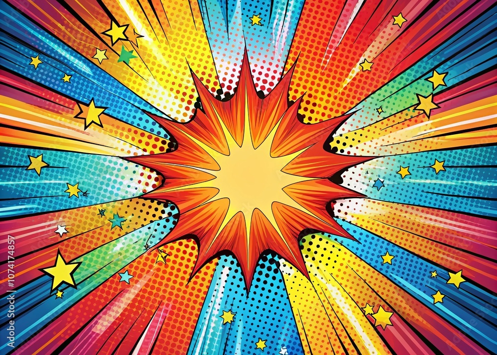 Poster vibrant comic style explosion with bold rays and splatter patterns, perfect for dynamic designs and 