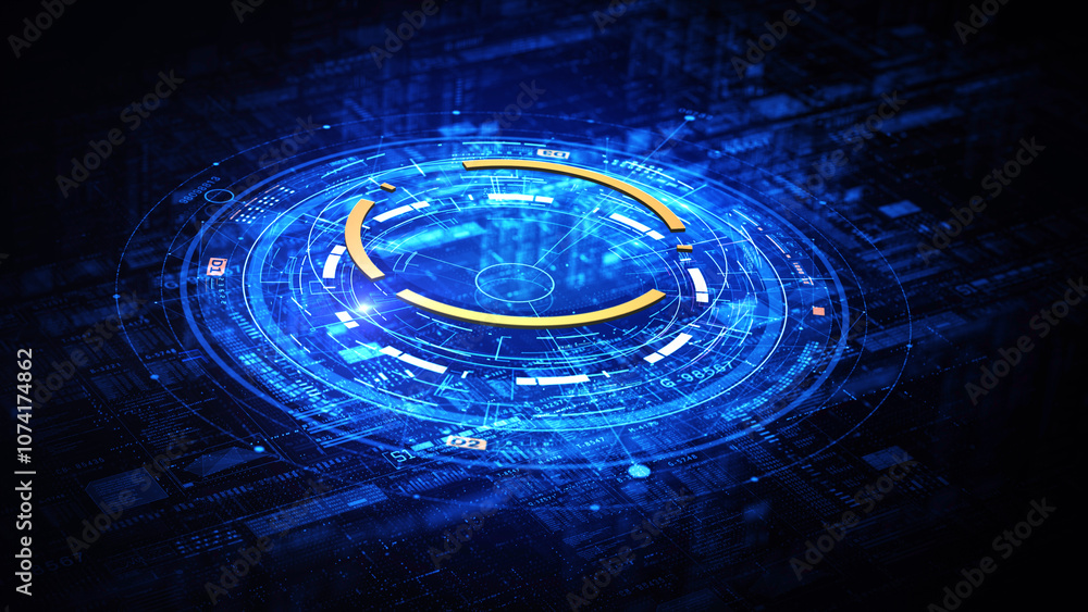 Aufkleber abstract blue digital interface with circular elements, glowing lines, and data symbols. futuristic 