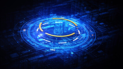 Fototapeta premium Abstract blue digital interface with circular elements, glowing lines, and data symbols. futuristic designs, Digital innovation concepts. Technology digital background 3d Rendering