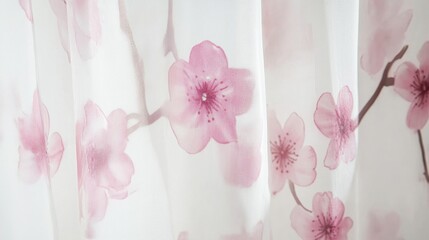 Sheer curtains with a gentle floral print, slightly translucent, creating a serene, dreamy effect