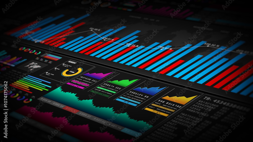 Poster data analytics dashboard with colorful bar charts, line graphs, and metrics. perfect for business in