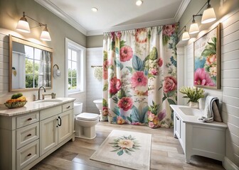 Vibrant Floral Watercolor Shower Curtain Decor in a Modern Bathroom Setting with Natural Light and Soft Textures, Perfect for Home Interior Design and Aesthetic Enhancements