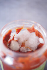 Close-Up of Mold Growing in an Open Tomato Sauce Jar