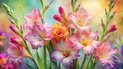Fototapeta premium Vibrant Gladiolus Watercolor Artistry: A Lush Floral Composition Captured in Stunning Watercolor Techniques for Home Decor and Floral Inspiration