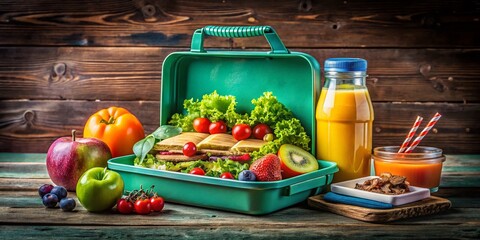 Vibrant Lunchbox with Healthy Foods and Juice on a Rustic Wooden Table, Celebrating Healthy Eating, International Literacy Day, and Teacher Appreciation Day