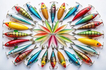Obraz premium Vibrant Minimalist Photography of a Kaleidoscope of Fishing Lures on a Crisp White Background for Artistic and Recreational Themes