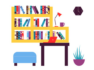 Furniture and interior decor elements set for home library. Library illustrations. Flat vector illustration.