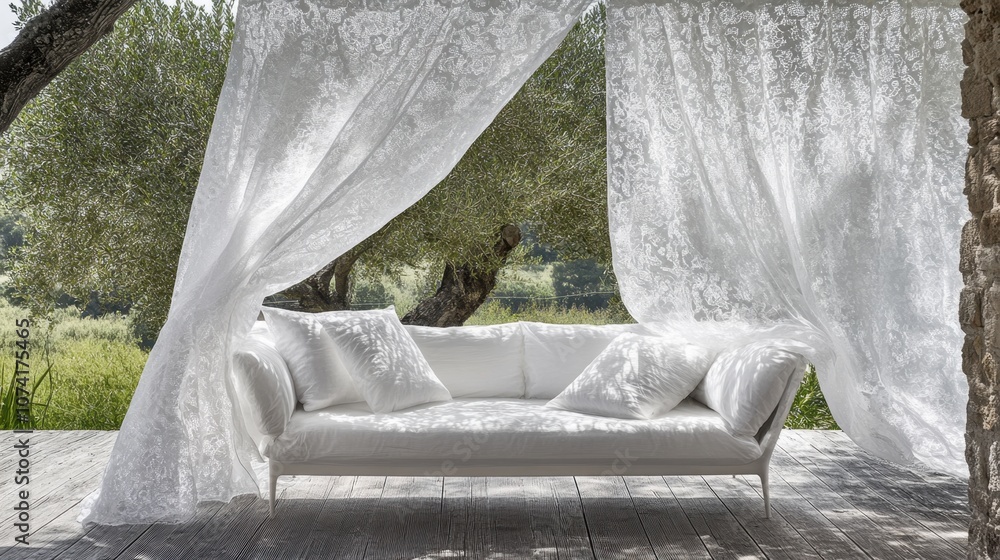 Poster sheer, white curtains gently billowing with a soft breeze, delicate floral patterns adding texture