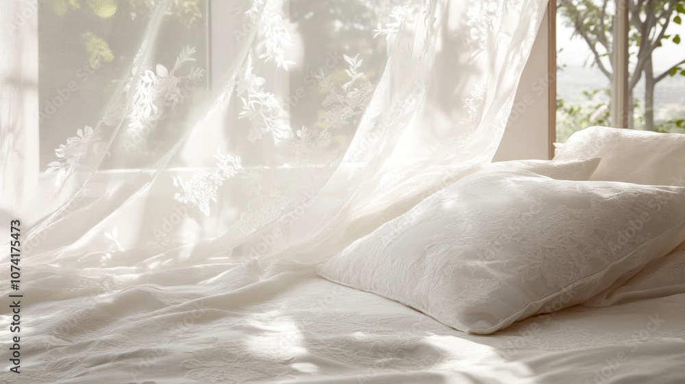 Poster sheer, white curtains gently billowing with a soft breeze, delicate floral patterns adding texture