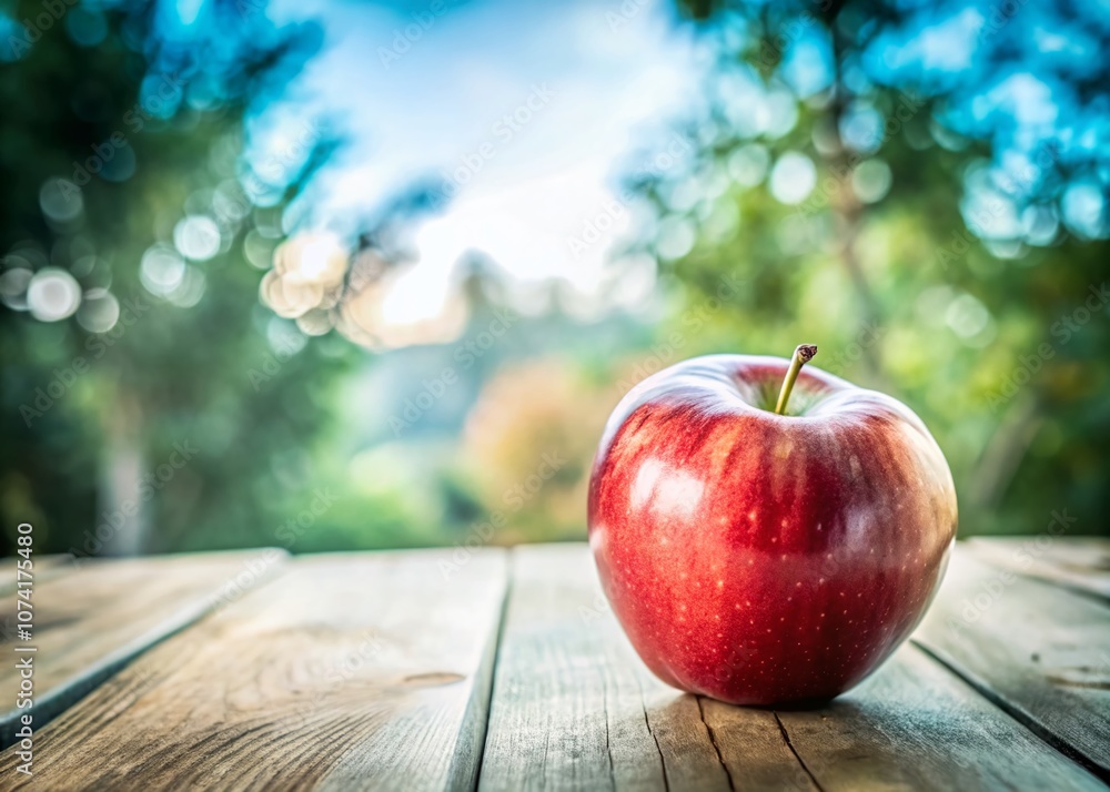 Poster vibrant red apple with a perfectly rounded shape on a rustic wooden table with ample copy space for 