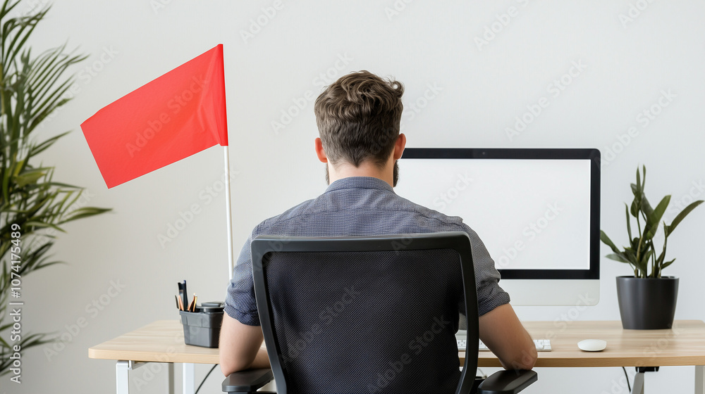 Poster focused on the goal: man working at computer with red flag signifying deadline or important task