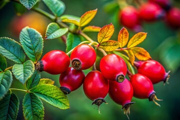 Vibrant Portrait of Dog Rose Fruits (Rosa canina) Against a Soft Focus Background, Showcasing Their Rich Color and Texture, Perfect for Nature and Herbal Medicine Themes