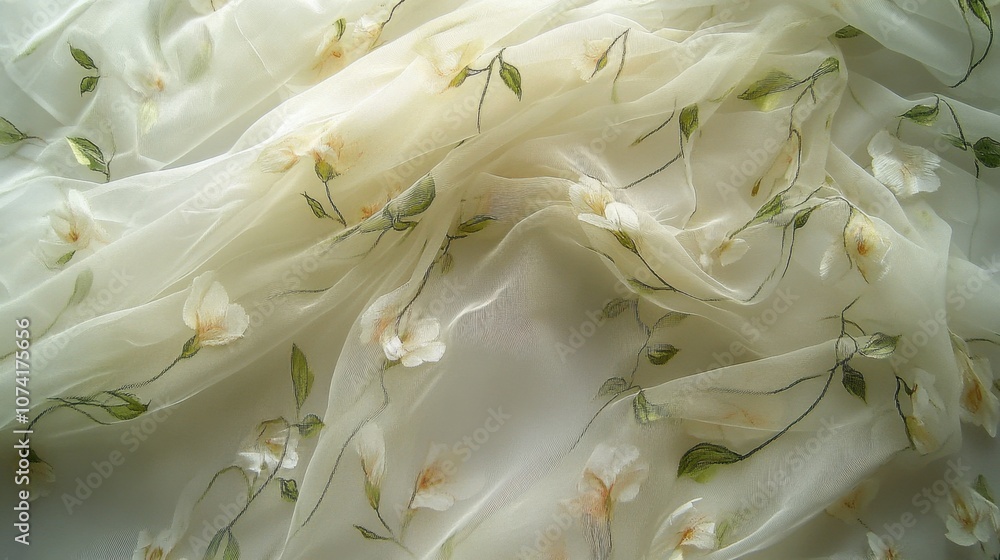 Poster sheer, white curtains gently billowing with a soft breeze, delicate floral patterns adding texture
