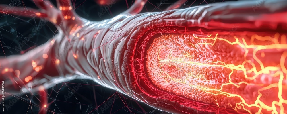 Poster close-up view of a neuron with glowing synapses, on a dark background.