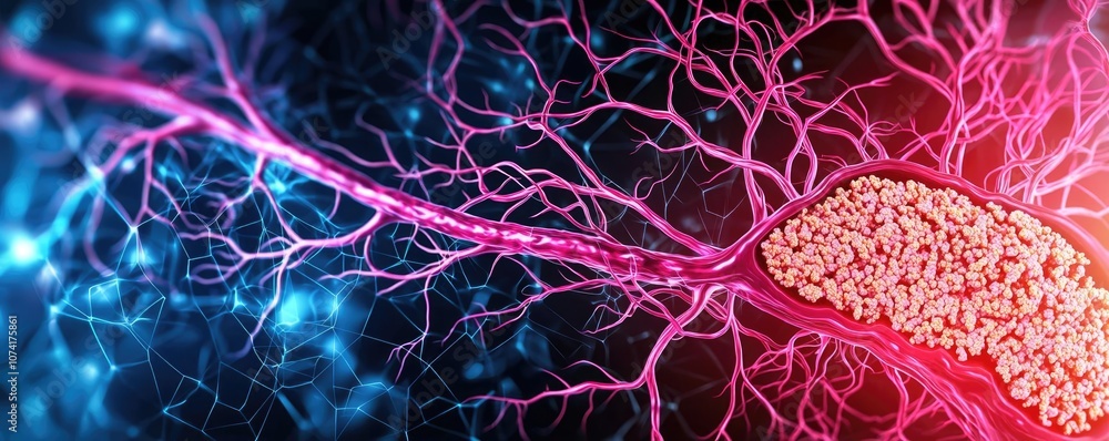 Poster colorful neuron cells on a dark background showcasing neural connections.