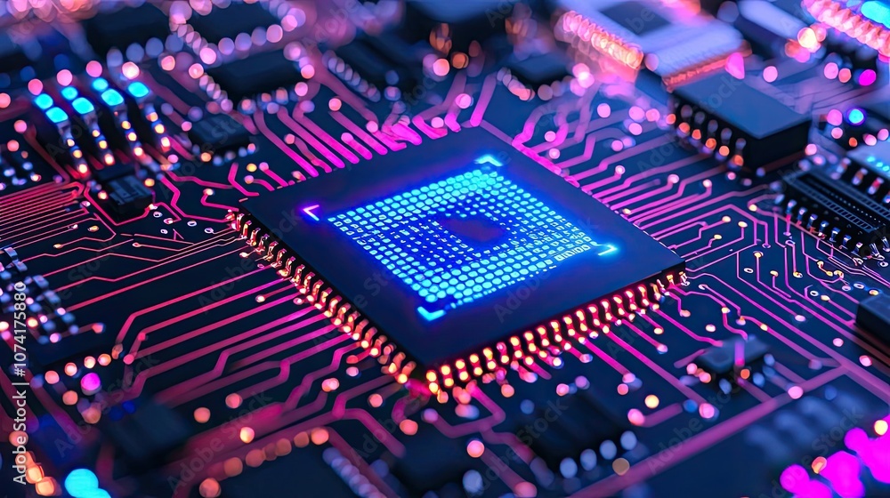Poster close-up of a colorful microchip on a circuit board, showcasing intricate details.