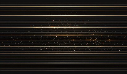 Abstract black background with horizontal golden lines and sparkling particles.