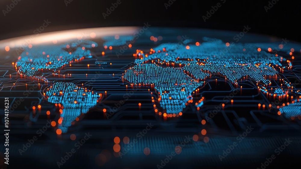Poster digital world map with glowing connections and data points, dark background.