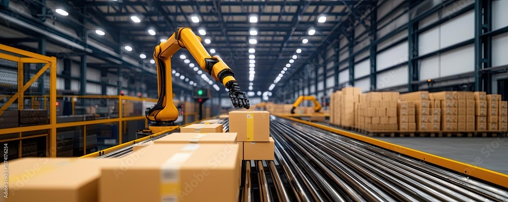 Poster automated packaging process with robotic arm and boxes on conveyor belt.