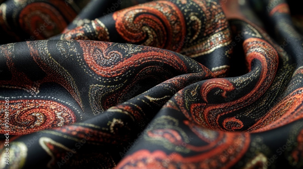 Poster silk fabric in deep red with an intricate paisley pattern, highlighted by soft folds and a shimmerin