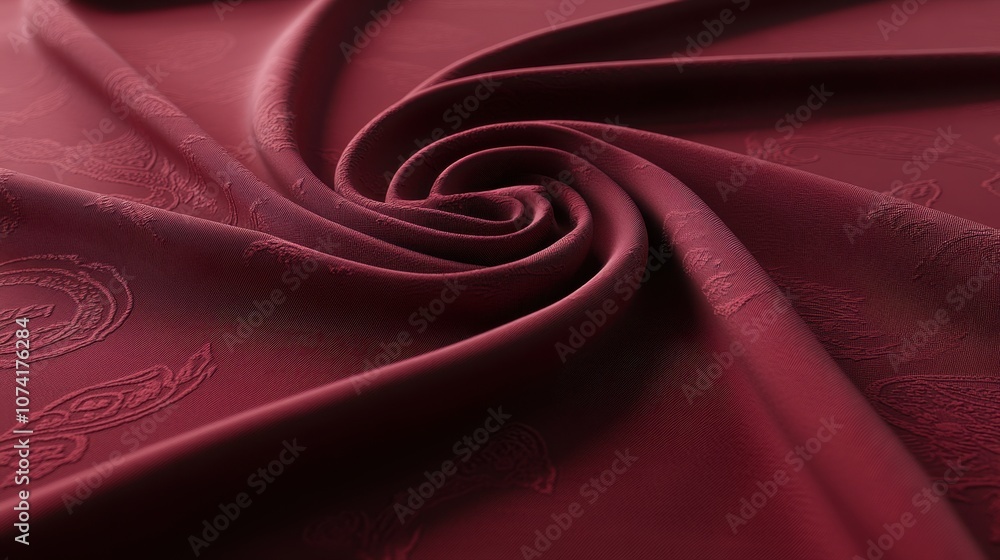 Poster silk fabric in deep red with an intricate paisley pattern, highlighted by soft folds and a shimmerin