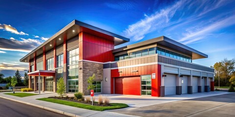 Naklejka premium Modern Fire Station with Fire-Resistant Fiber Cement Siding Showcasing Safety Features and Community Design