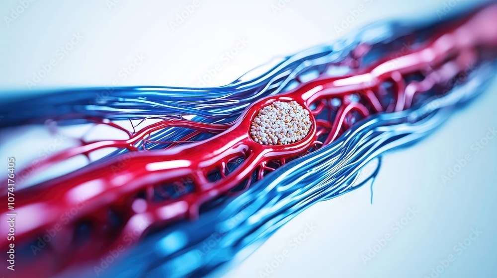 Poster red and blue abstract representation of a complex vascular system.