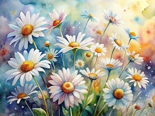 Fototapeta premium Vibrant Watercolor Paintings of Daisies Captured in Candid Photography Style, Showcasing the Delicate Beauty of Nature's Flowers in a Range of Shades and Textures