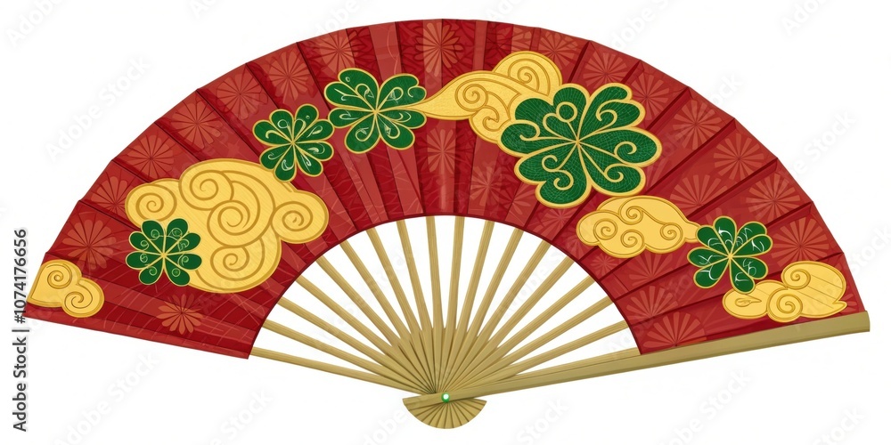 Poster twisting silk design a diagonal fan with red and yellow hues elegantly embroidered with a twisting g