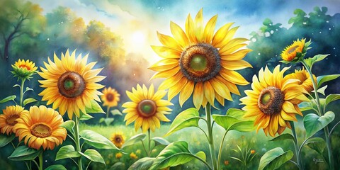 Obraz premium Vibrant Watercolor Sunflowers in a Garden Setting with High Depth of Field, Showcasing Nature's Beauty and Artistic Expression in Soft, Blended Colors and Textures