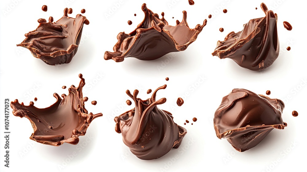 Poster chocolate splashes forming shapes on a white backdrop generative ai