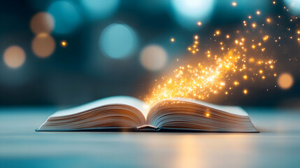 fantasy and spiritual with book and light on table for fairytale, imagination and night