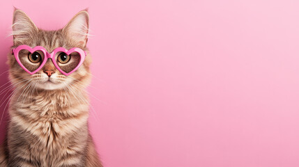 playful cat wearing heart shaped glasses against pink background, exuding charm and whimsy