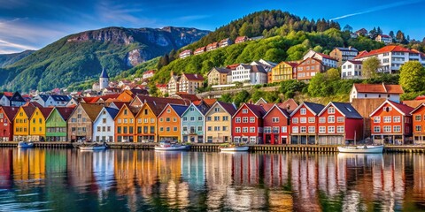 Vibrant Wooden Houses in Bergen's Port District - A Colorful Waterfront Landscape Capturing the Charm of Norway's Coastal Architecture with Copy Space for Text or Branding Needs