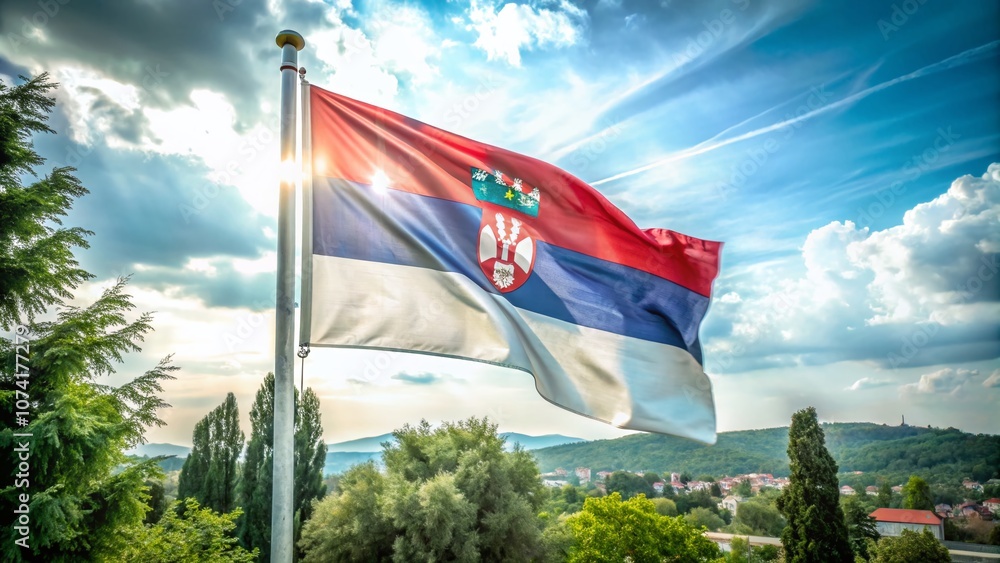 Poster vibrant yugoslavia flag displayed on a flagpole against a clear blue sky, symbolizing unity and heri