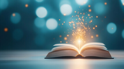 fantasy and spiritual with book and light on table for fairytale, imagination and night