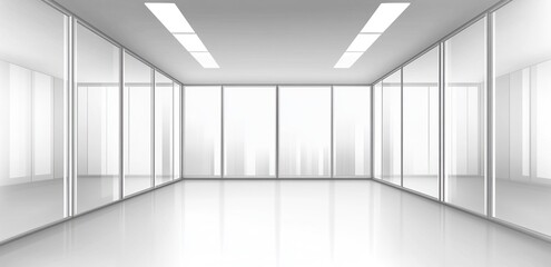 Fototapeta premium Empty white room with large windows and ceiling lights.