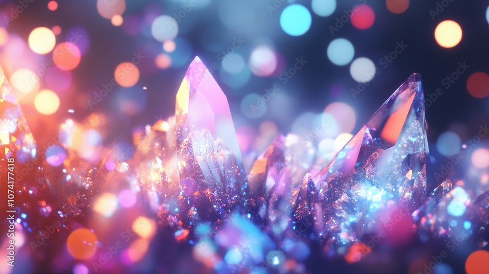 Poster stunning visual of crystal shards radiating light and color, creating a magical atmosphere with vibr