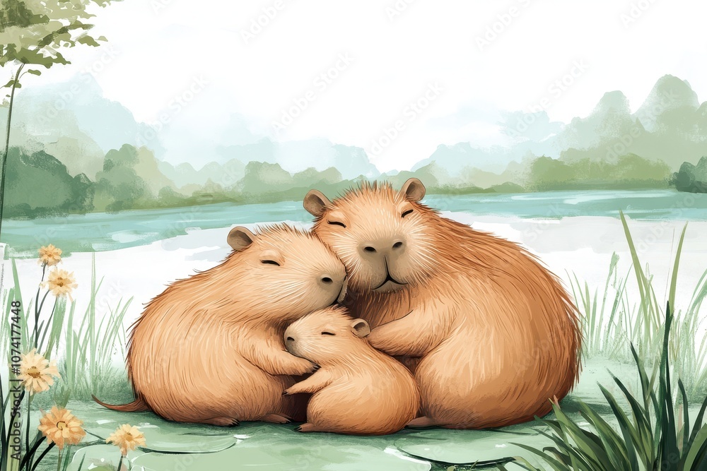 Poster adorable and heartwarming art of a capybara family embracing each other in a tranquil nature setting