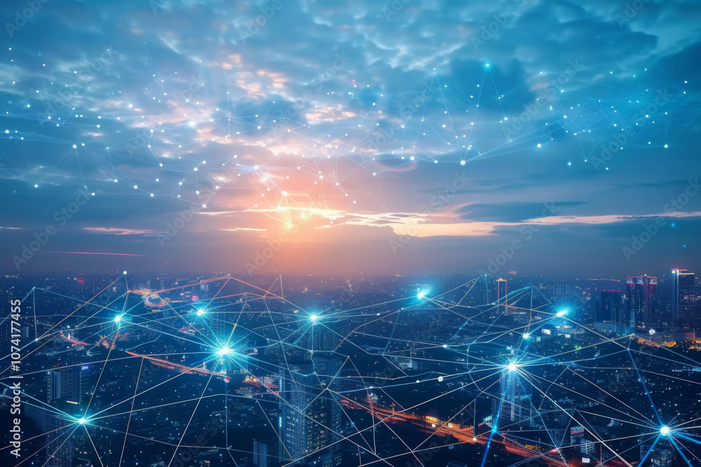 Poster interconnected global cloud computing network bridging digital data across cities and countries