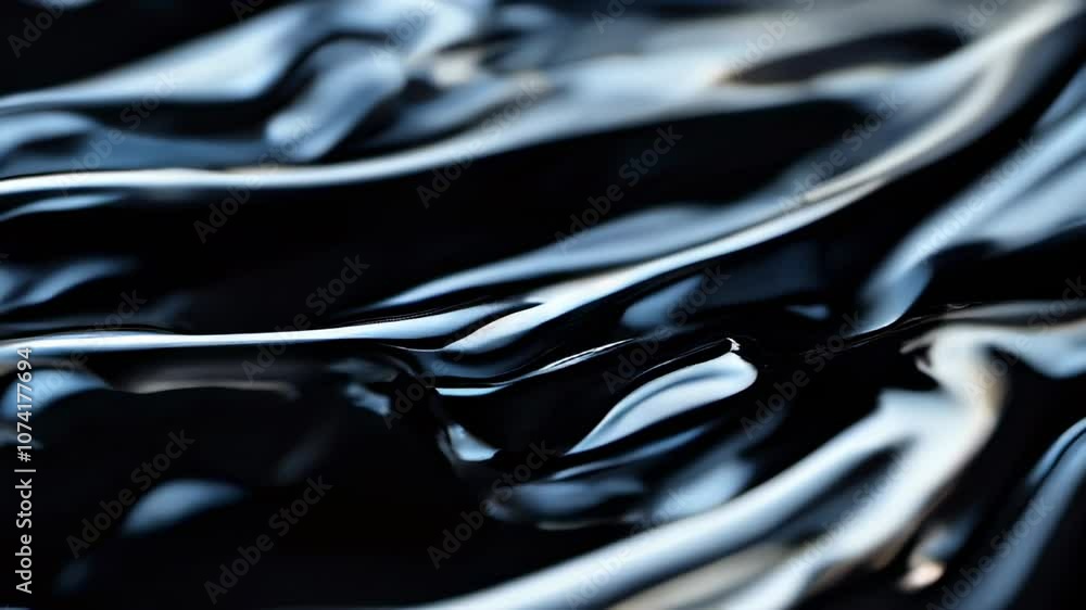 Poster abstract glossy black liquid waves with reflective highlights, creating a sleek and modern visual ef